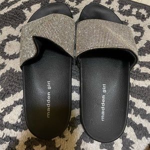 Madden girl slides. Black slides with embellished over foot strap. Size womens 8